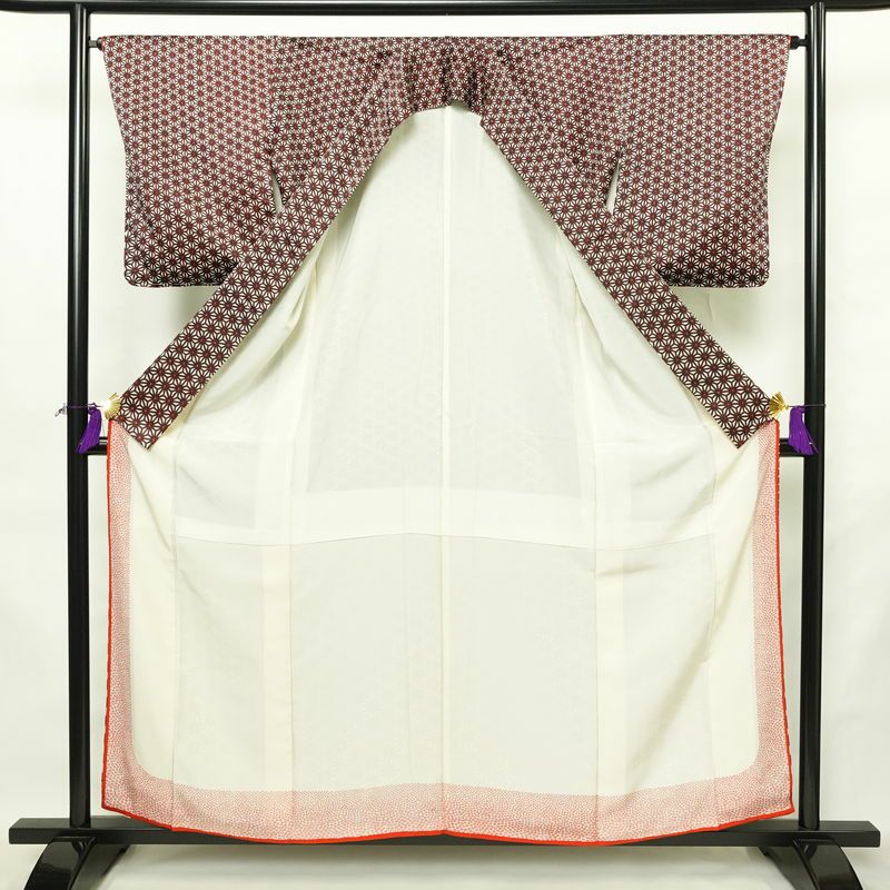 小紋 良品 付下小紋 正絹 麻の葉柄 袷仕立て 身丈158cm 裄丈64.5cm リサイクル着物 着物 赤・朱_画像3