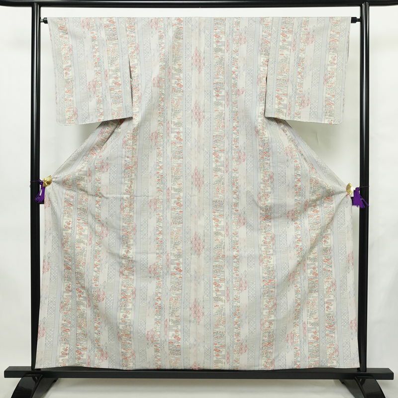 単衣 紬 正絹 縞柄・線柄 単衣仕立て 身丈160.5cm 裄丈64.5cm リサイクル着物 着物 青・紺_画像1