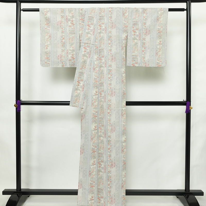 単衣 紬 正絹 縞柄・線柄 単衣仕立て 身丈160.5cm 裄丈64.5cm リサイクル着物 着物 青・紺_画像2