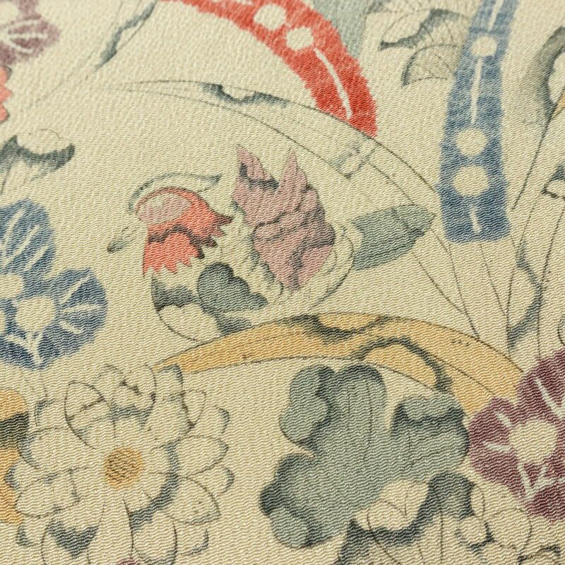 小紋 付下小紋 良品 しつけ糸付き 縮緬 正絹 花柄 袷仕立て 身丈158.5cm 裄丈64.5cm リサイクル着物 着物 ベージュ_画像9