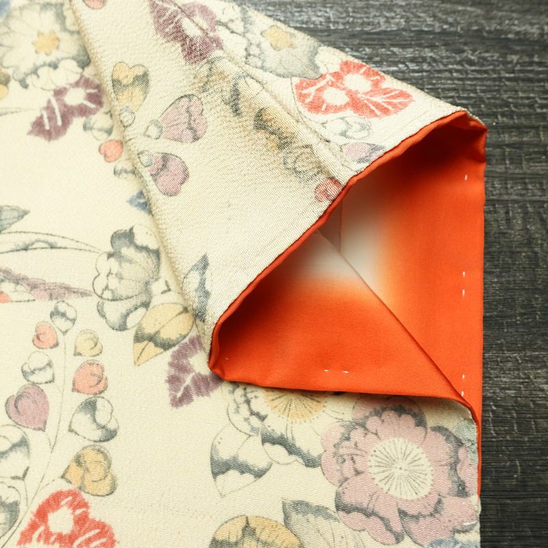 小紋 付下小紋 良品 しつけ糸付き 縮緬 正絹 花柄 袷仕立て 身丈158.5cm 裄丈64.5cm リサイクル着物 着物 ベージュ_画像16