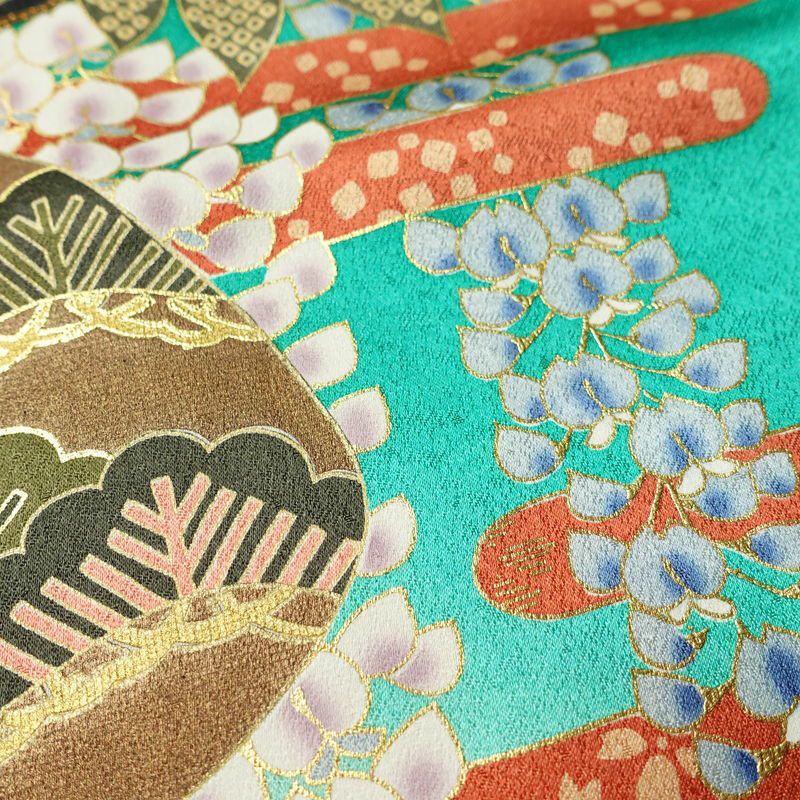振袖 良品 金駒刺繍 正絹 蝶・昆虫柄 袷仕立て 身丈161cm 裄丈67cm リサイクル着物 着物 箔 金彩 成人式 二十歳の集い パーティー 華やか 緑・うぐいす色_画像9