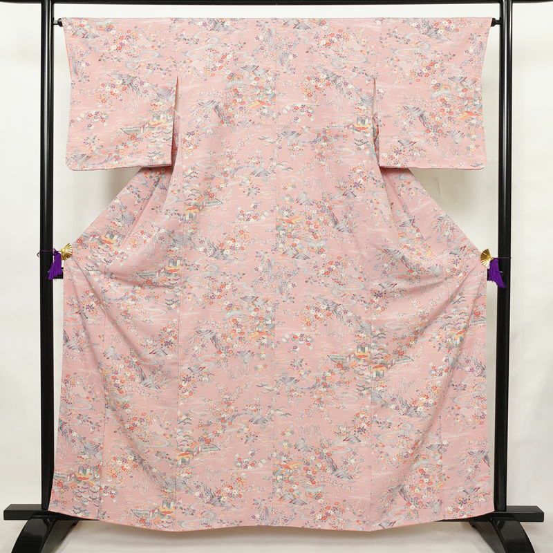 小紋 良品 しつけ糸付き 縮緬 正絹 風景柄 袷仕立て 身丈160.5cm 裄丈64.5cm リサイクル着物 着物 ピンク_画像1