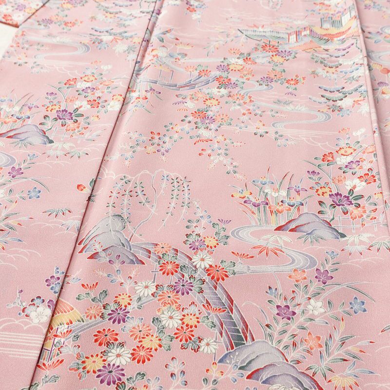 小紋 良品 しつけ糸付き 縮緬 正絹 風景柄 袷仕立て 身丈160.5cm 裄丈64.5cm リサイクル着物 着物 ピンク_画像5