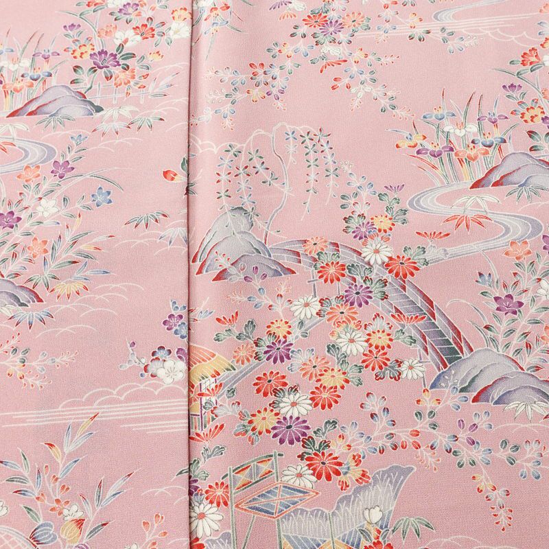 小紋 良品 しつけ糸付き 縮緬 正絹 風景柄 袷仕立て 身丈160.5cm 裄丈64.5cm リサイクル着物 着物 ピンク_画像6