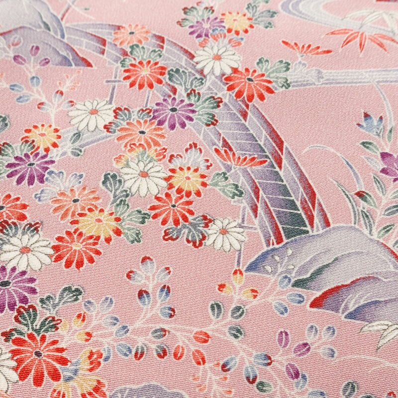 小紋 良品 しつけ糸付き 縮緬 正絹 風景柄 袷仕立て 身丈160.5cm 裄丈64.5cm リサイクル着物 着物 ピンク_画像7