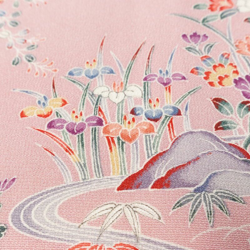 小紋 良品 しつけ糸付き 縮緬 正絹 風景柄 袷仕立て 身丈160.5cm 裄丈64.5cm リサイクル着物 着物 ピンク_画像9