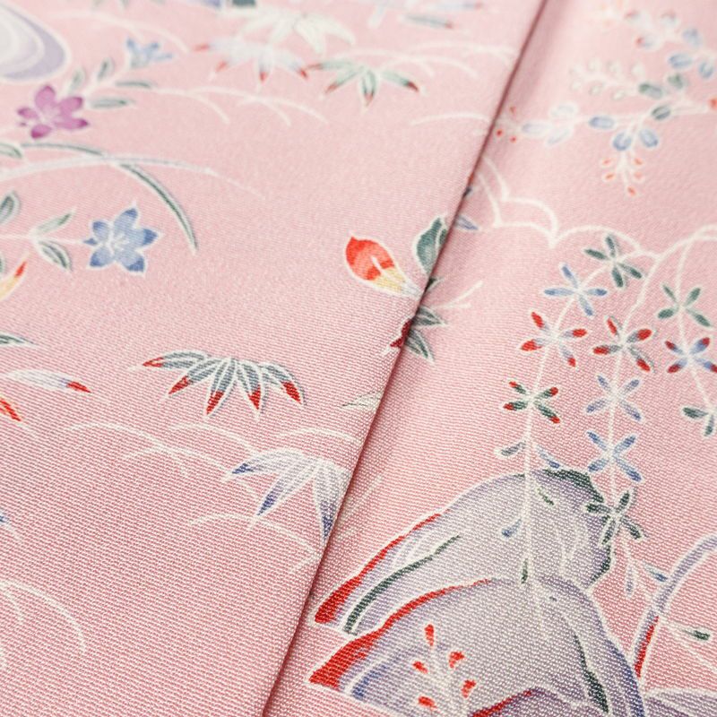 小紋 良品 しつけ糸付き 縮緬 正絹 風景柄 袷仕立て 身丈160.5cm 裄丈64.5cm リサイクル着物 着物 ピンク_画像10