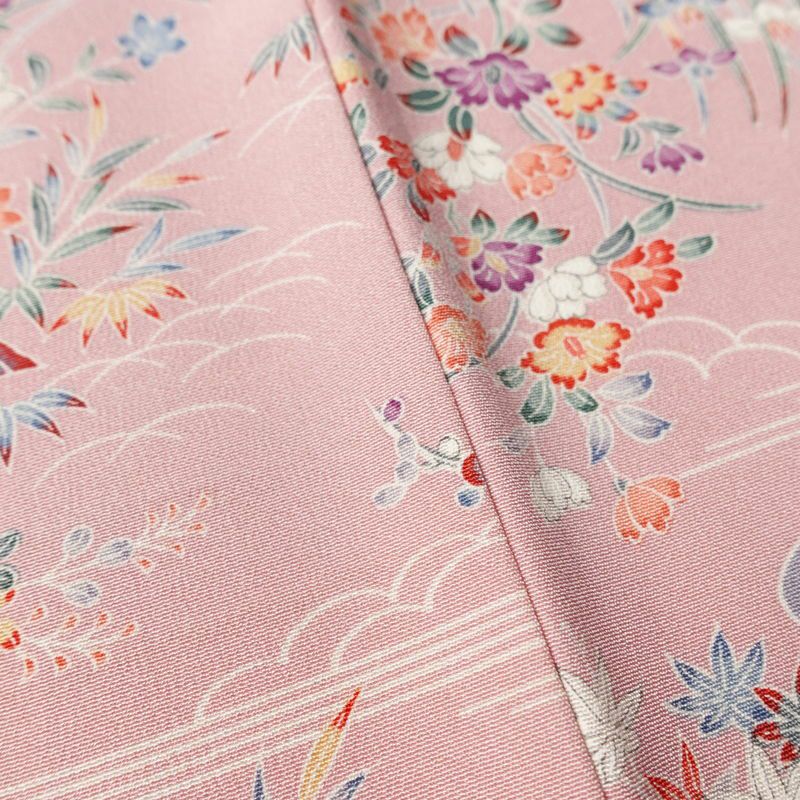 小紋 良品 しつけ糸付き 縮緬 正絹 風景柄 袷仕立て 身丈160.5cm 裄丈64.5cm リサイクル着物 着物 ピンク_画像11