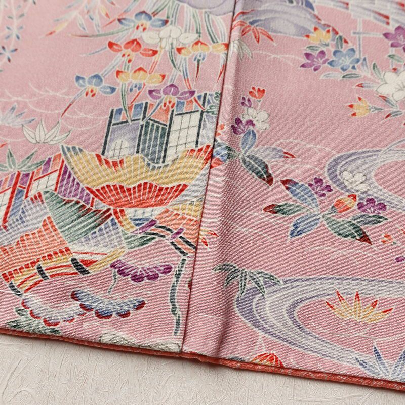 小紋 良品 しつけ糸付き 縮緬 正絹 風景柄 袷仕立て 身丈160.5cm 裄丈64.5cm リサイクル着物 着物 ピンク_画像12