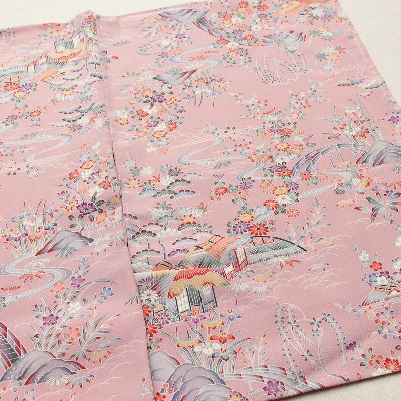 小紋 良品 しつけ糸付き 縮緬 正絹 風景柄 袷仕立て 身丈160.5cm 裄丈64.5cm リサイクル着物 着物 ピンク_画像13