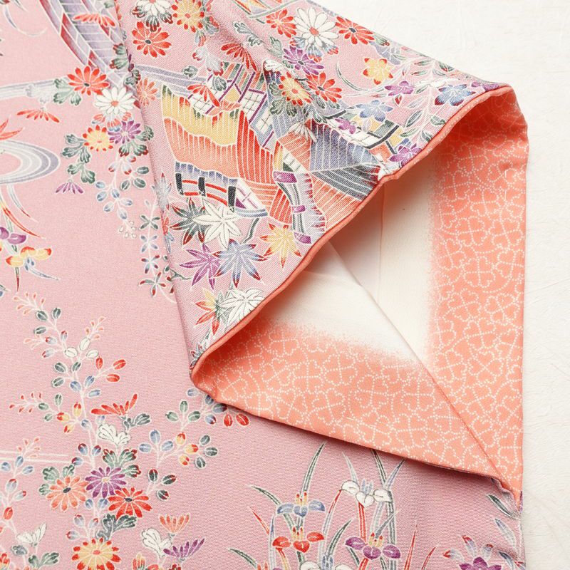 小紋 良品 しつけ糸付き 縮緬 正絹 風景柄 袷仕立て 身丈160.5cm 裄丈64.5cm リサイクル着物 着物 ピンク_画像14