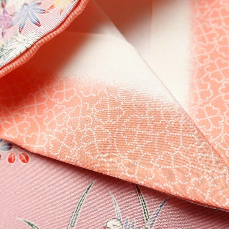 小紋 良品 しつけ糸付き 縮緬 正絹 風景柄 袷仕立て 身丈160.5cm 裄丈64.5cm リサイクル着物 着物 ピンク_画像15