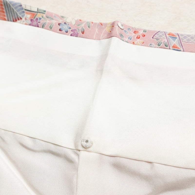 小紋 良品 しつけ糸付き 縮緬 正絹 風景柄 袷仕立て 身丈160.5cm 裄丈64.5cm リサイクル着物 着物 ピンク_画像20