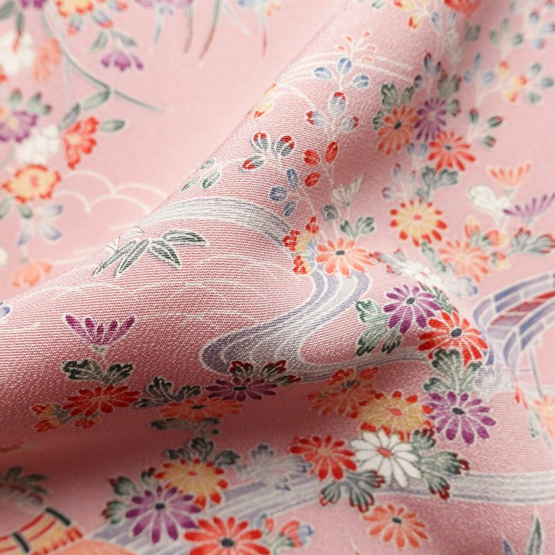 小紋 良品 しつけ糸付き 縮緬 正絹 風景柄 袷仕立て 身丈160.5cm 裄丈64.5cm リサイクル着物 着物 ピンク_画像21