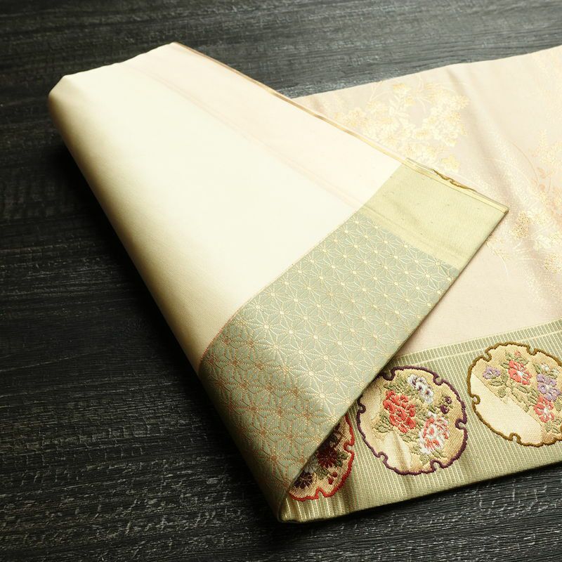 名古屋帯 六通柄 良品 正絹 古典柄 名古屋仕立て なごや帯 リサイクル帯 帯 引箔 雪輪 麻の葉 ベージュ_画像9