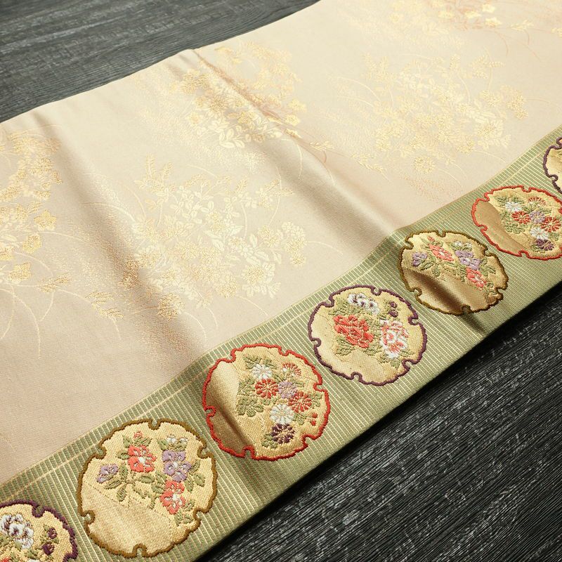 名古屋帯 六通柄 良品 正絹 古典柄 名古屋仕立て なごや帯 リサイクル帯 帯 引箔 雪輪 麻の葉 ベージュ_画像11