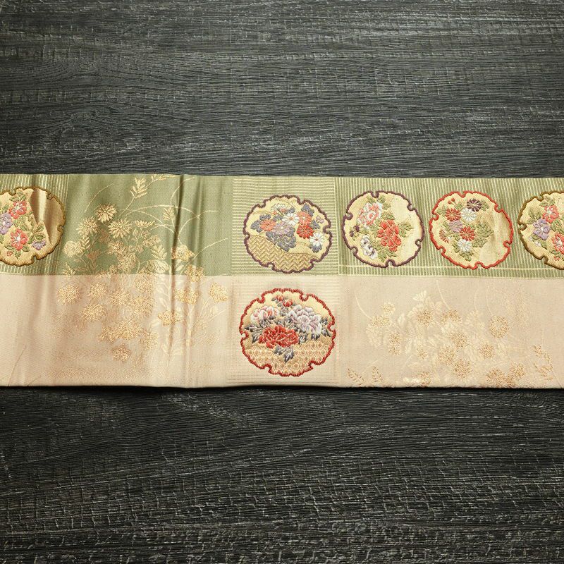 名古屋帯 六通柄 良品 正絹 古典柄 名古屋仕立て なごや帯 リサイクル帯 帯 引箔 雪輪 麻の葉 ベージュ_画像14