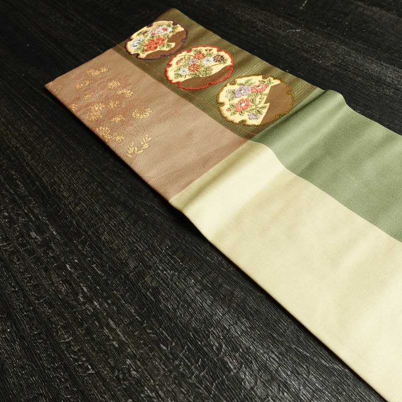 名古屋帯 六通柄 良品 正絹 古典柄 名古屋仕立て なごや帯 リサイクル帯 帯 引箔 雪輪 麻の葉 ベージュ_画像15