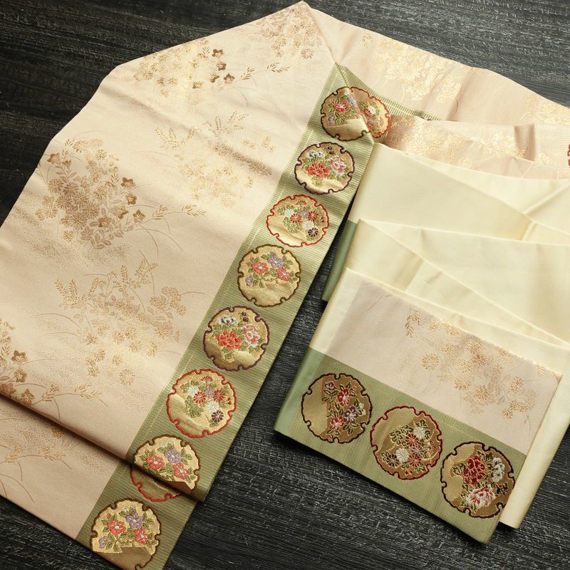 名古屋帯 六通柄 良品 正絹 古典柄 名古屋仕立て なごや帯 リサイクル帯 帯 引箔 雪輪 麻の葉 ベージュ_画像16