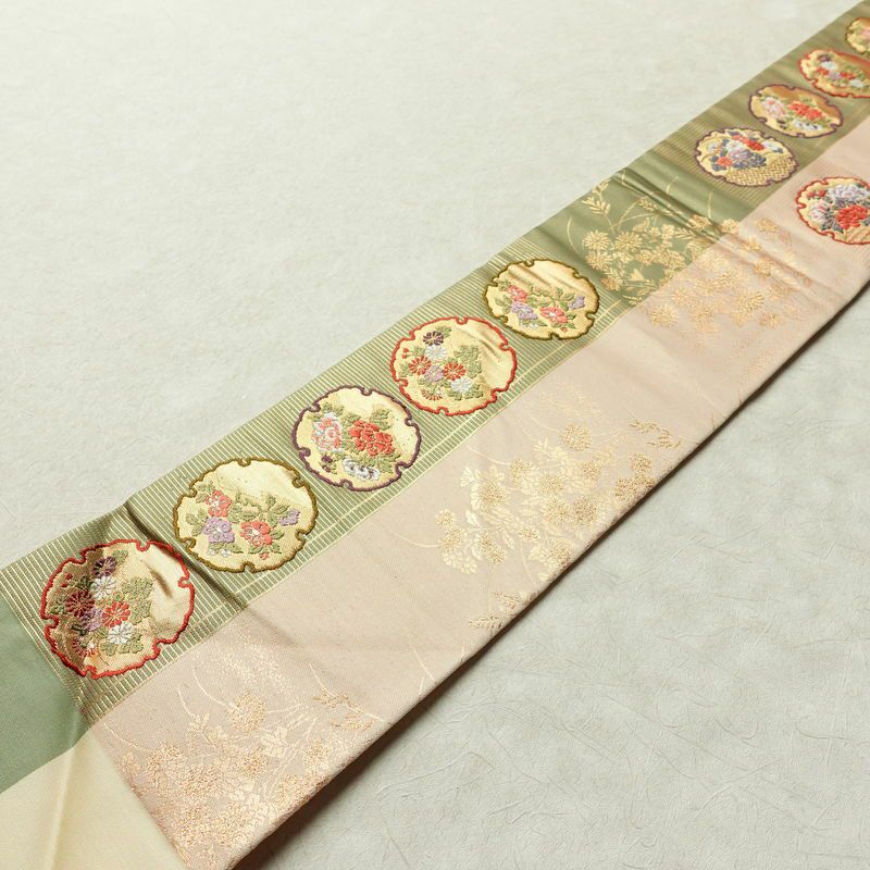 名古屋帯 六通柄 良品 正絹 古典柄 名古屋仕立て なごや帯 リサイクル帯 帯 引箔 雪輪 麻の葉 ベージュ_画像21
