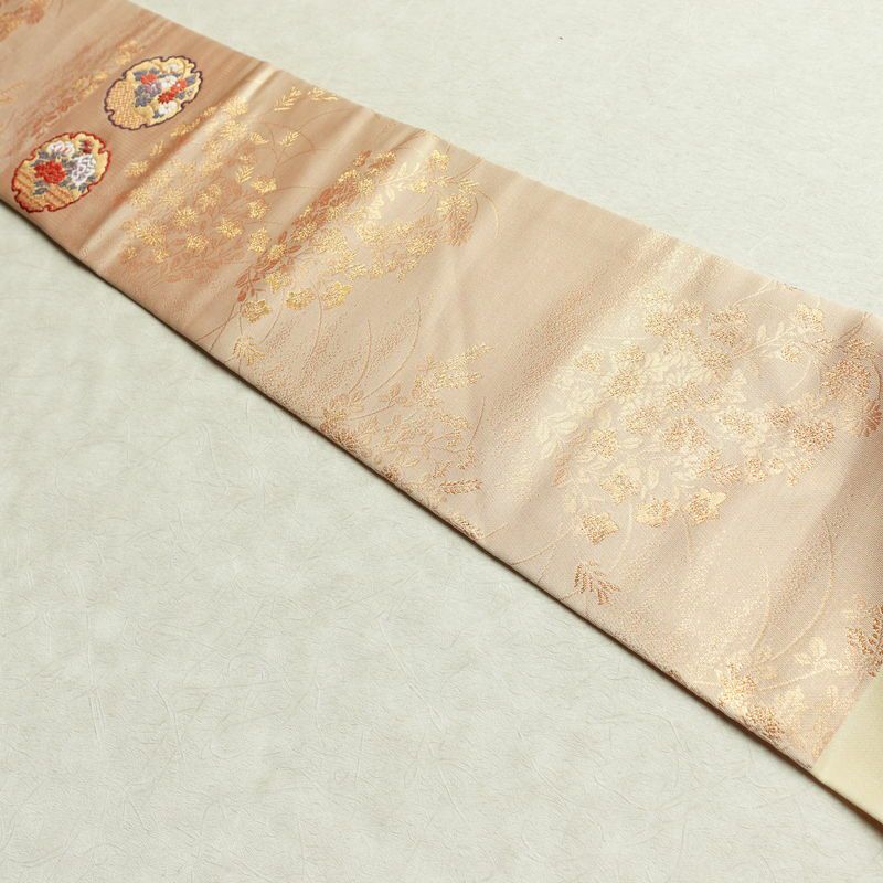 名古屋帯 六通柄 良品 正絹 古典柄 名古屋仕立て なごや帯 リサイクル帯 帯 引箔 雪輪 麻の葉 ベージュ_画像24