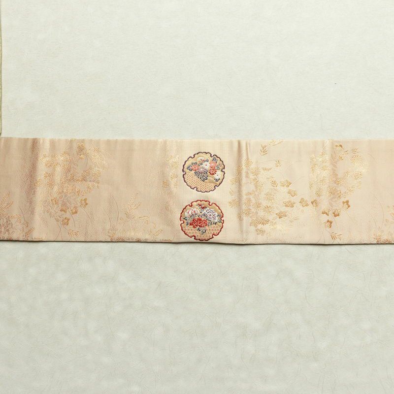 名古屋帯 六通柄 良品 正絹 古典柄 名古屋仕立て なごや帯 リサイクル帯 帯 引箔 雪輪 麻の葉 ベージュ_画像25