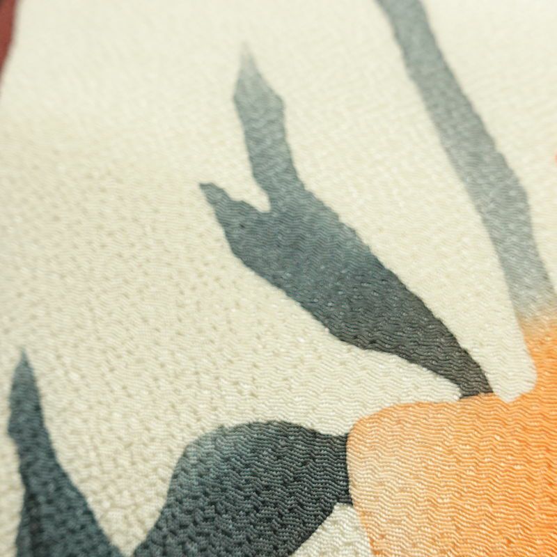 名古屋帯 太鼓柄 縮緬 正絹 花柄 名古屋仕立て なごや帯 リサイクル帯 帯 シンプル クリーム_画像6