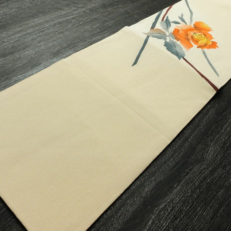 名古屋帯 太鼓柄 縮緬 正絹 花柄 名古屋仕立て なごや帯 リサイクル帯 帯 シンプル クリーム_画像9
