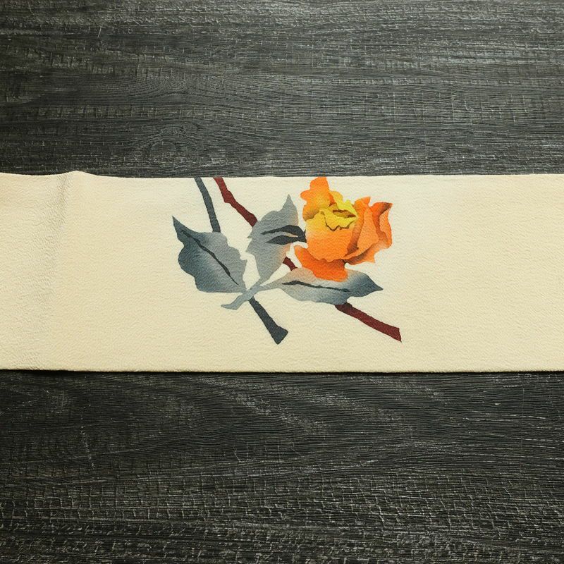 名古屋帯 太鼓柄 縮緬 正絹 花柄 名古屋仕立て なごや帯 リサイクル帯 帯 シンプル クリーム_画像15