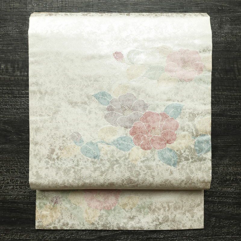 名古屋帯 六通柄 良品 正絹 花柄 名古屋仕立て なごや帯 リサイクル帯 帯 箔 金・銀_画像1