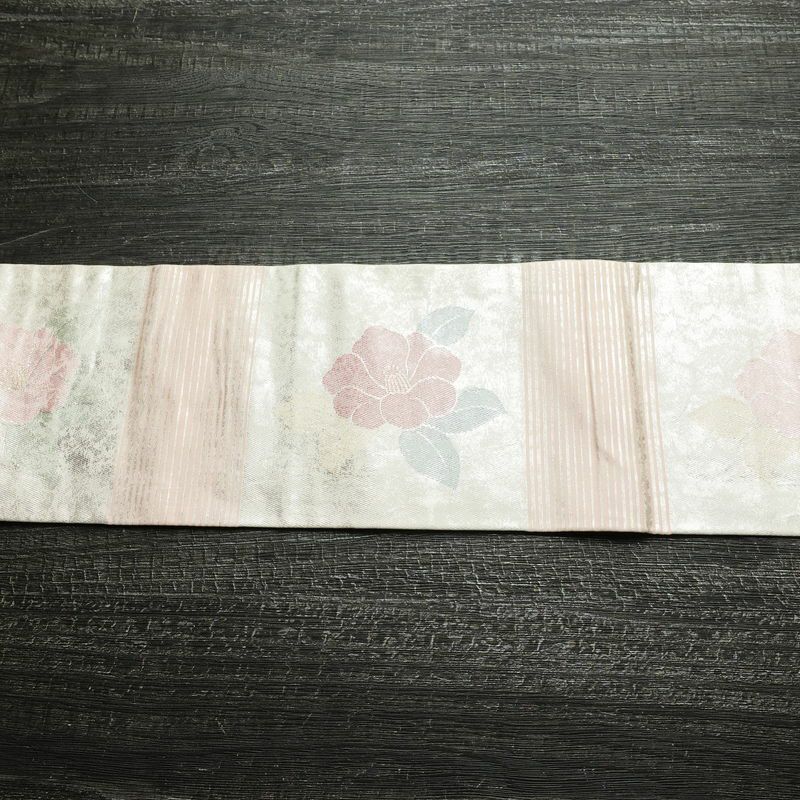 名古屋帯 六通柄 良品 正絹 花柄 名古屋仕立て なごや帯 リサイクル帯 帯 箔 金・銀_画像12