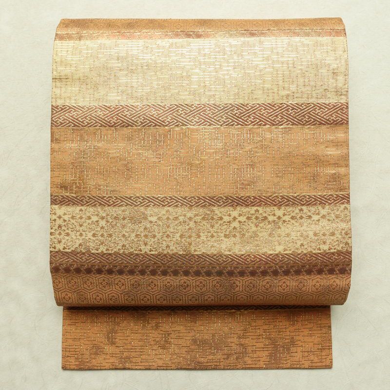 名古屋帯 太鼓柄 良品 正絹 縞柄・線柄 名古屋仕立て なごや帯 リサイクル帯 帯 ピンクオレンジ 橙_画像1