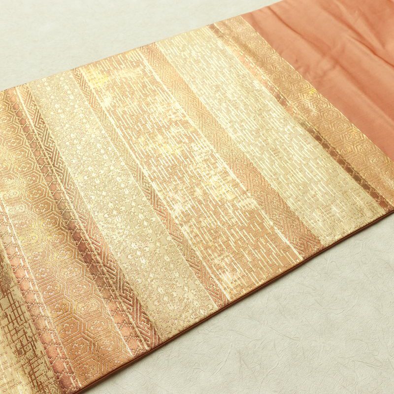 名古屋帯 太鼓柄 良品 正絹 縞柄・線柄 名古屋仕立て なごや帯 リサイクル帯 帯 ピンクオレンジ 橙_画像11