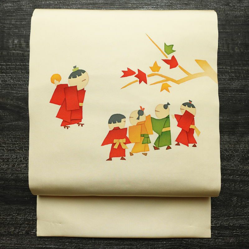 名古屋帯 太鼓柄 美品 正絹 人物・動物柄 名古屋仕立て なごや帯 リサイクル帯 帯 シンプル クリーム_画像1