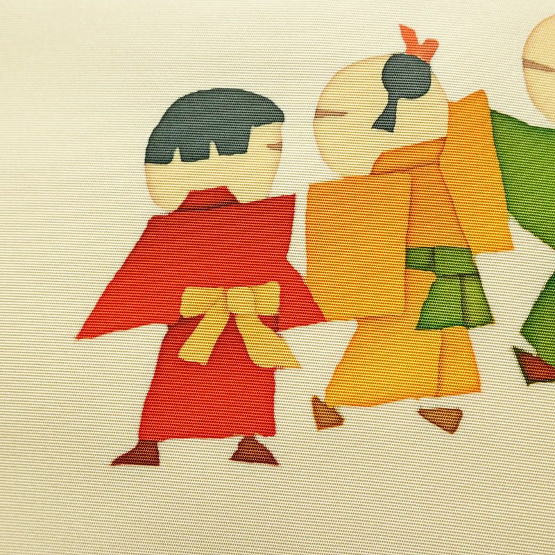 名古屋帯 太鼓柄 美品 正絹 人物・動物柄 名古屋仕立て なごや帯 リサイクル帯 帯 シンプル クリーム_画像4