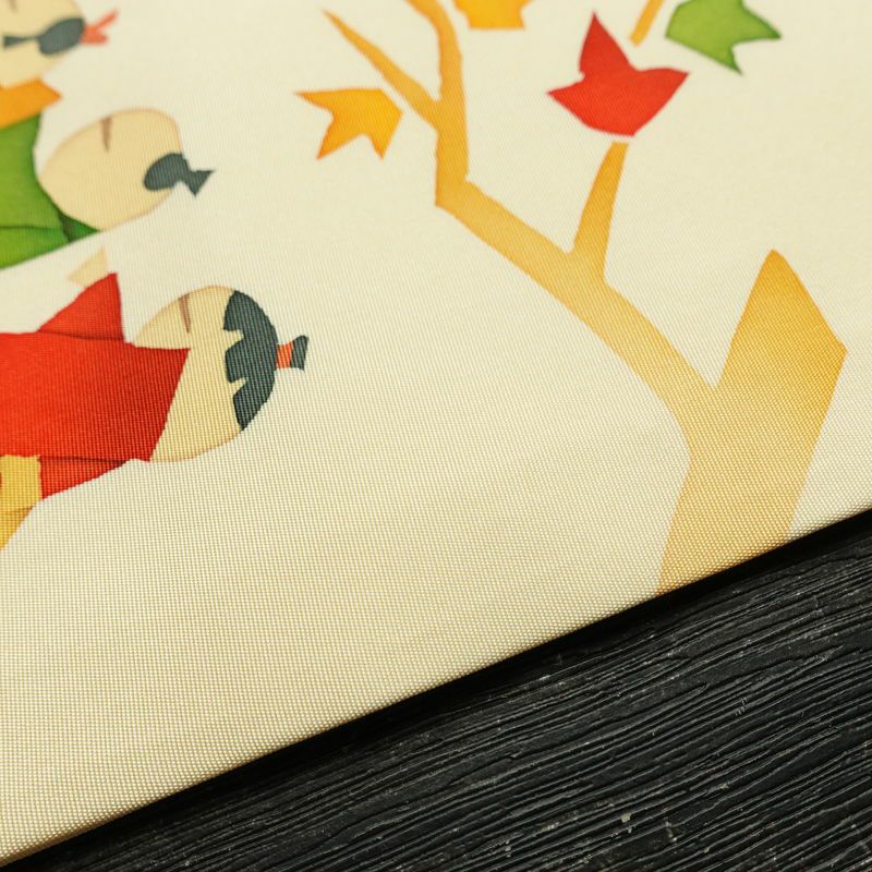 名古屋帯 太鼓柄 美品 正絹 人物・動物柄 名古屋仕立て なごや帯 リサイクル帯 帯 シンプル クリーム_画像12