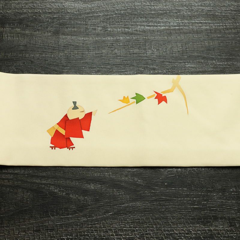 名古屋帯 太鼓柄 美品 正絹 人物・動物柄 名古屋仕立て なごや帯 リサイクル帯 帯 シンプル クリーム_画像14