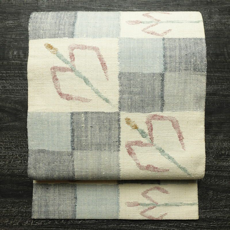 名古屋帯 六通柄 正絹 幾何学柄・抽象柄 松葉仕立て なごや帯 リサイクル帯 帯 モダン 多色使い_画像1