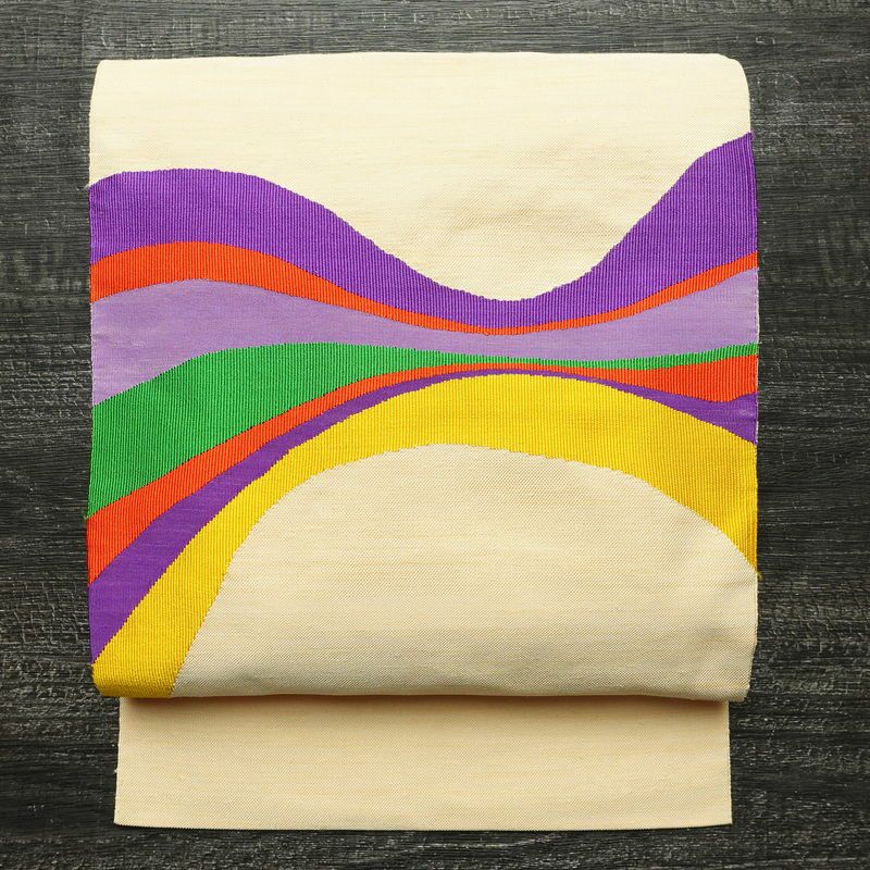 名古屋帯 太鼓柄 良品 正絹 幾何学柄・抽象柄 名古屋仕立て なごや帯 リサイクル帯 帯 モダン クリーム_画像1