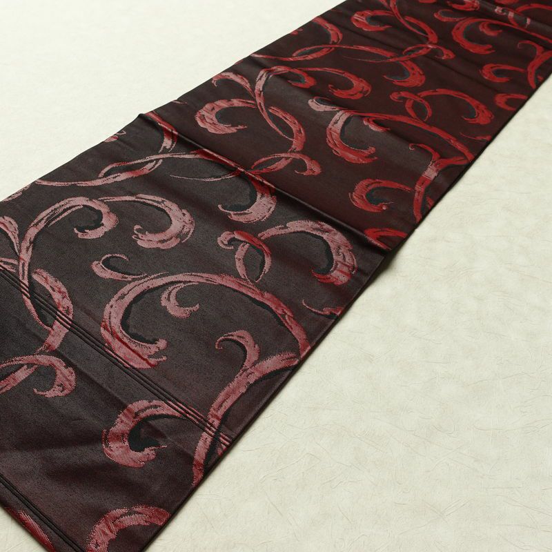 名古屋帯 六通柄 良品 正絹 木の葉・植物柄 名古屋仕立て なごや帯 リサイクル帯 帯 小豆・エンジ_画像8