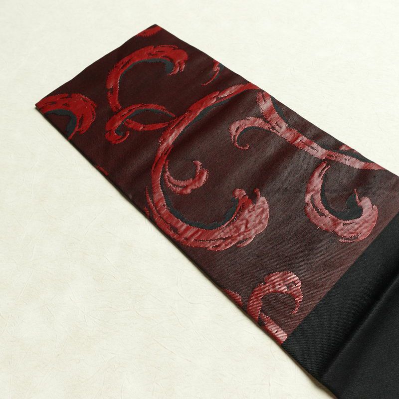 名古屋帯 六通柄 良品 正絹 木の葉・植物柄 名古屋仕立て なごや帯 リサイクル帯 帯 小豆・エンジ_画像16