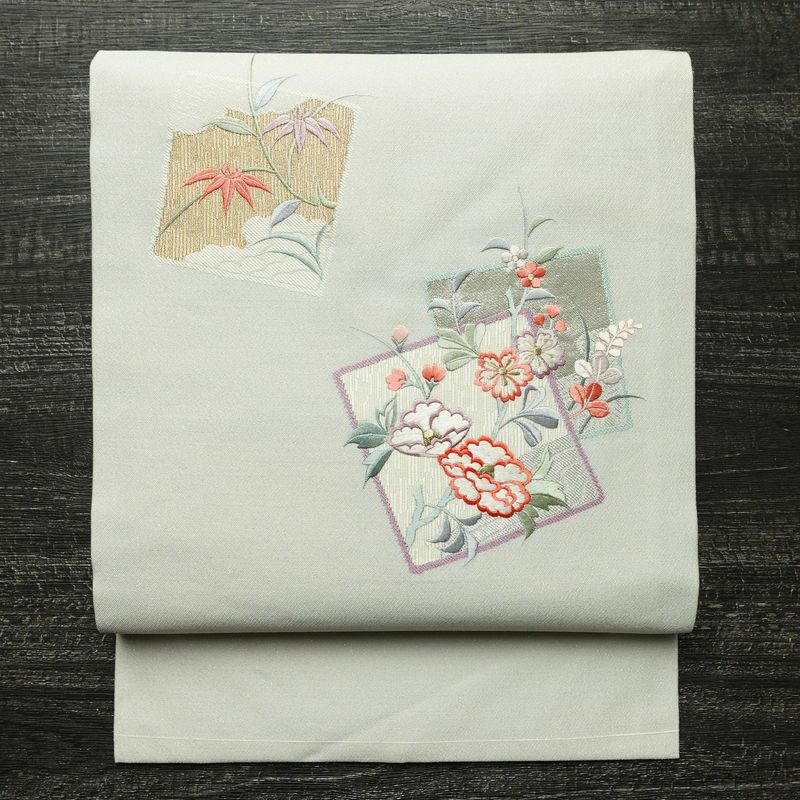 名古屋帯 太鼓柄 良品 正絹 木の葉・植物柄 名古屋仕立て なごや帯 リサイクル帯 帯 刺繍 箔 青・紺_画像1