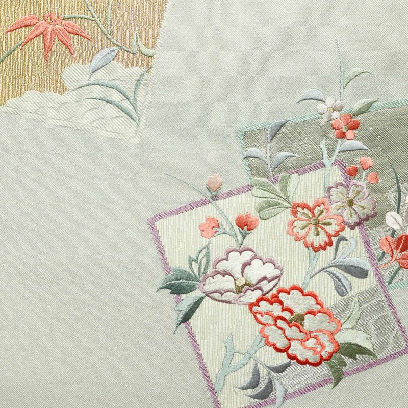 名古屋帯 太鼓柄 良品 正絹 木の葉・植物柄 名古屋仕立て なごや帯 リサイクル帯 帯 刺繍 箔 青・紺_画像2