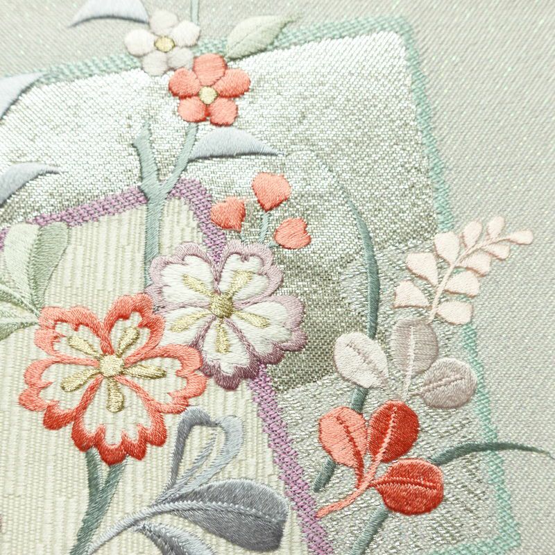 名古屋帯 太鼓柄 良品 正絹 木の葉・植物柄 名古屋仕立て なごや帯 リサイクル帯 帯 刺繍 箔 青・紺_画像4