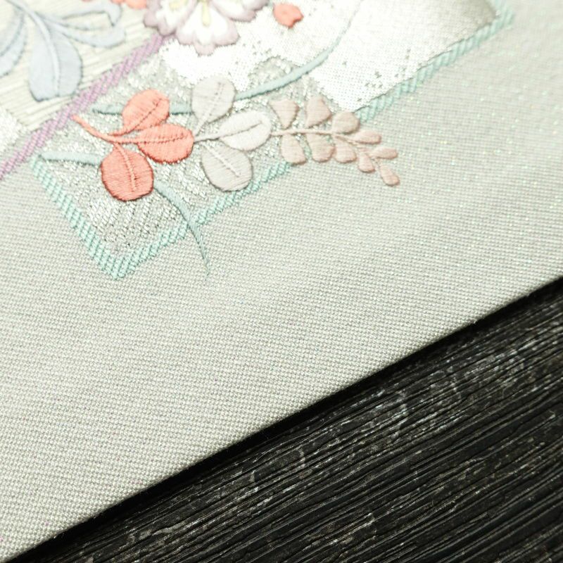 名古屋帯 太鼓柄 良品 正絹 木の葉・植物柄 名古屋仕立て なごや帯 リサイクル帯 帯 刺繍 箔 青・紺_画像14