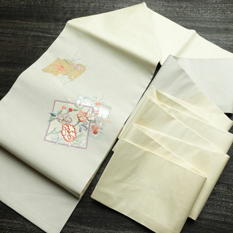 名古屋帯 太鼓柄 良品 正絹 木の葉・植物柄 名古屋仕立て なごや帯 リサイクル帯 帯 刺繍 箔 青・紺_画像18