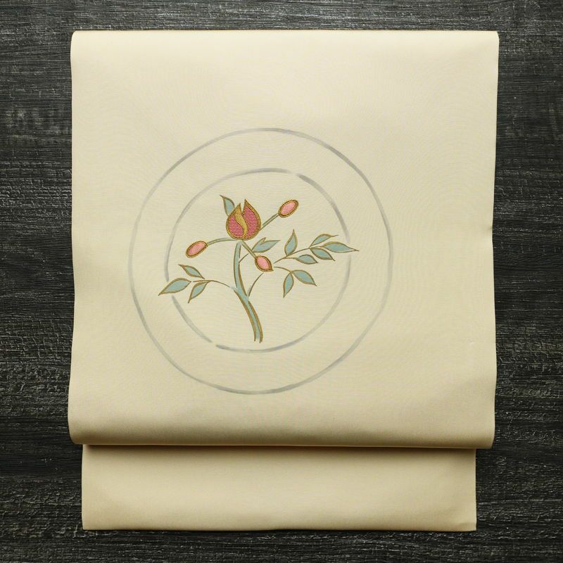 名古屋帯 太鼓柄 良品 正絹 花柄 名古屋仕立て なごや帯 リサイクル帯 帯 刺繍 シンプル ベージュ_画像1