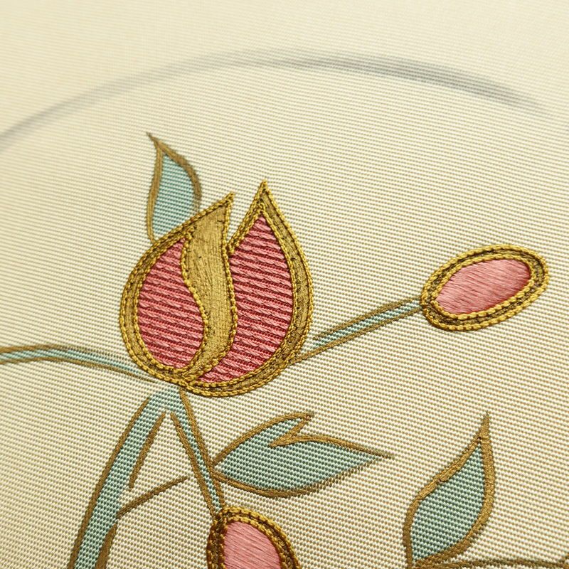 名古屋帯 太鼓柄 良品 正絹 花柄 名古屋仕立て なごや帯 リサイクル帯 帯 刺繍 シンプル ベージュ_画像3