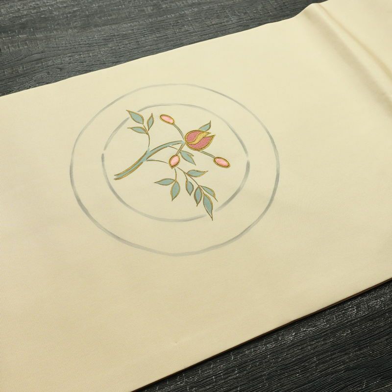 名古屋帯 太鼓柄 良品 正絹 花柄 名古屋仕立て なごや帯 リサイクル帯 帯 刺繍 シンプル ベージュ_画像10